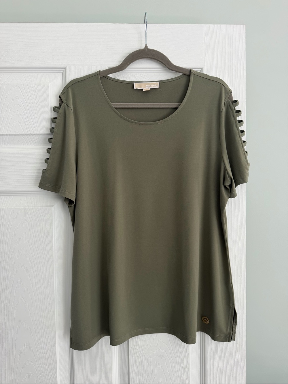 Michael Kors Olive Green Short Sleeve Tee with Ladder Sleeve Cutouts